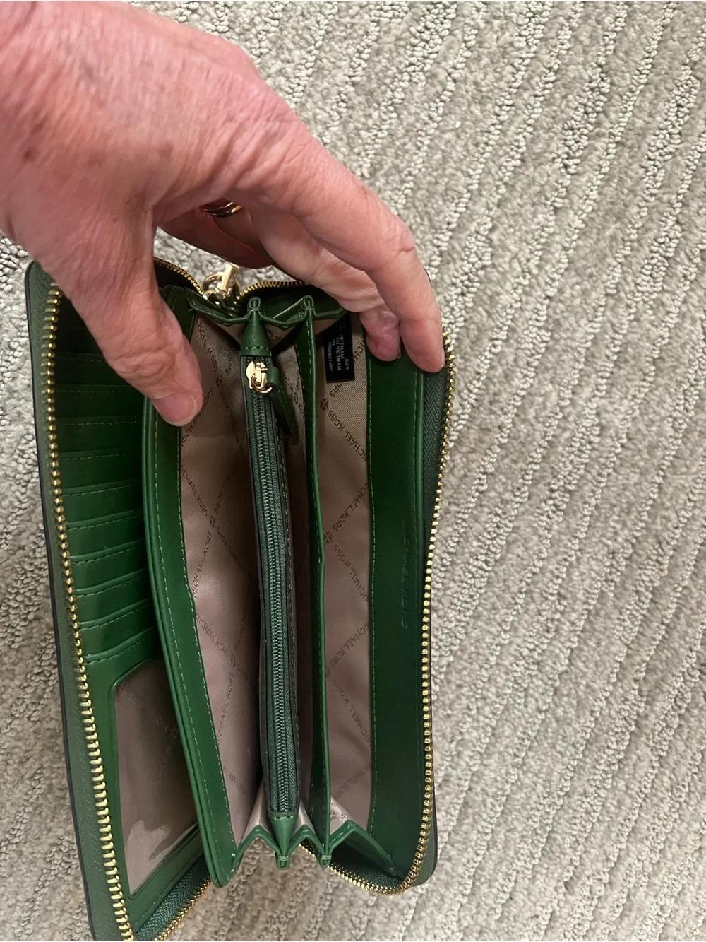 Michael Kors Green and White Striped Wristlet Wallet with Gold Logo